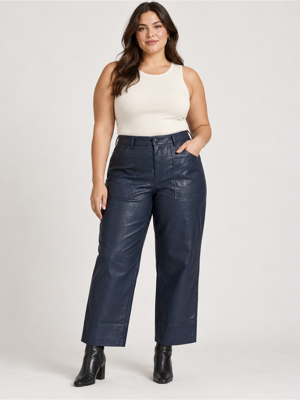 Stylish High-Rise Wide-Leg Faux Leather Pants - Navy